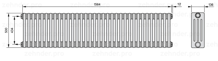 Схема (чертеж) Радиатор Zehnder Charleston 4050/34 №1270 Белый глянцевый RAL 9016